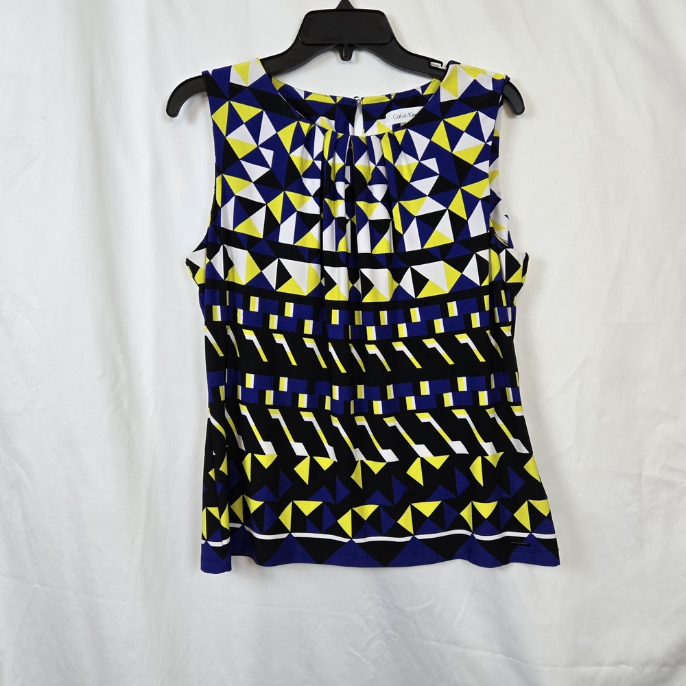 Calvin Klein Women Blue Yellow Black Geometric Sleeveless Career Blouse XLP NWOT